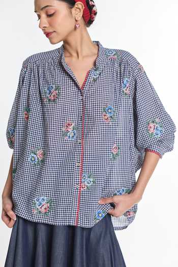 Shop_Payal Pratap_Blue Handloom Cotton Split V-neck Lisianthus Gingham Check Top _Online_at_Aza_Fashions