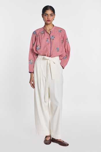 Payal Pratap_Red Handloom Cotton Split V-neck Lisianthus Gingham Check Top _Online_at_Aza_Fashions