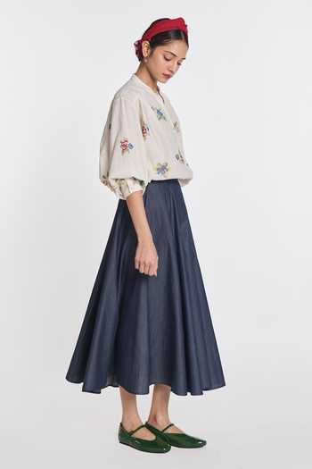 Payal Pratap_Ivory Handloom Cotton Split V-neck Lisianthus Gingham Check Top _Online_at_Aza_Fashions
