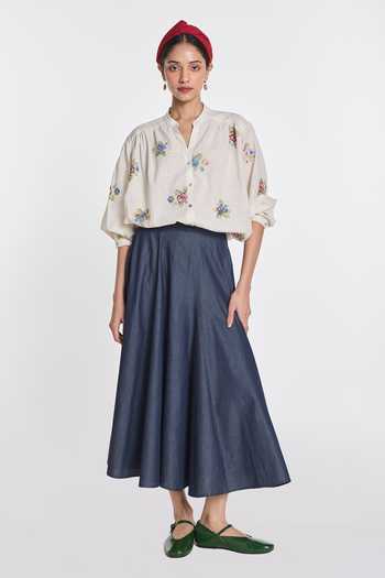 Buy_Payal Pratap_Ivory Handloom Cotton Split V-neck Lisianthus Gingham Check Top _Online_at_Aza_Fashions