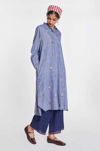 Buy_Payal Pratap_Blue Cotton Collared Neck Hydrangca Embroidered Tunic _Online_at_Aza_Fashions