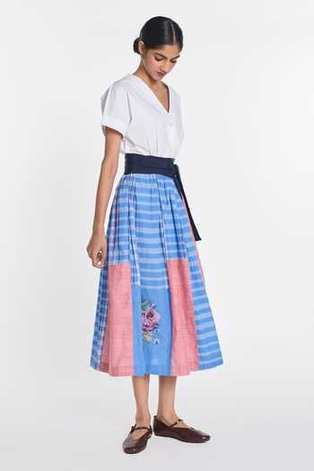 Payal Pratap_White Cotton, Poplin V-neck Celandine Patchwork Wrap Dress _Online_at_Aza_Fashions