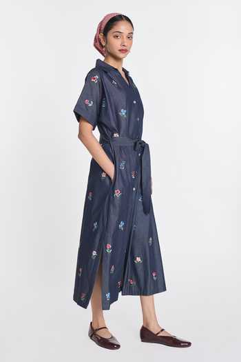 Payal Pratap Blue Denim Notched Neck Hemlock Embroidered Dress Online at Aza Fashions Payal Pratap_Blue Denim Notched Neck Hemlock Embroidered Dress _Online_at_Aza_Fashions