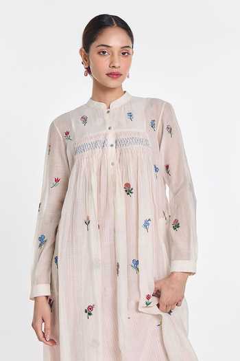 Shop Payal Pratap Ivory Silk, Cotton Mandarin Collar Ariseama Embroidered Tunic Online at Aza Fashions Shop_Payal Pratap_Ivory Silk, Cotton Mandarin Collar Ariseama Embroidered Tunic _Online_at_Aza_Fashions