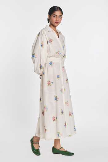 Payal Pratap Ivory Cotton Collared Neck Teasel Embroidered Dress Online at Aza Fashions Payal Pratap_Ivory Cotton Collared Neck Teasel Embroidered Dress _Online_at_Aza_Fashions