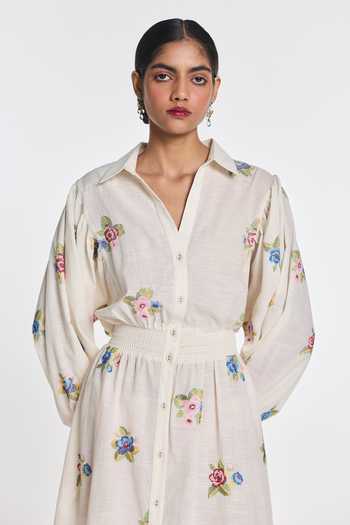Buy Payal Pratap Ivory Cotton Collared Neck Teasel Embroidered Dress Online at Aza Fashions Buy_Payal Pratap_Ivory Cotton Collared Neck Teasel Embroidered Dress _Online_at_Aza_Fashions