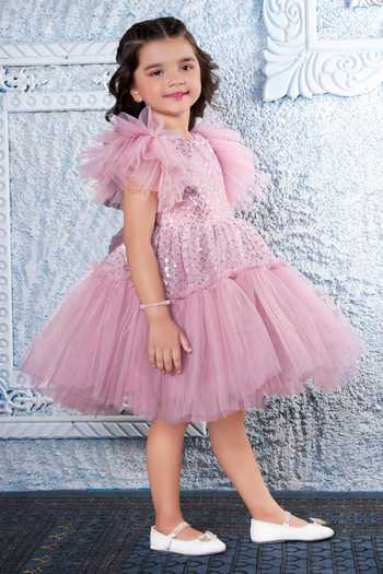 Mini Stitch_Pink Net Butterfly Embellished Dress _Online_at_Aza_Fashions