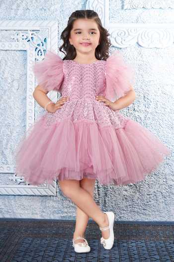 Buy_Mini Stitch_Pink Net Butterfly Embellished Dress _Online_at_Aza_Fashions
