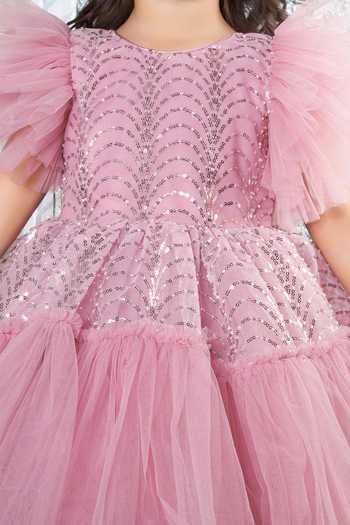 Mini Stitch_Pink Net Butterfly Embellished Dress _at_Aza_Fashions