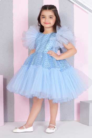 Mini Stitch_Blue Net Butterfly Embellished Dress _at_Aza_Fashions