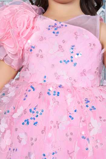 Mini Stitch_Pink Net 3d Applique Embroidered Dress _Online_at_Aza_Fashions