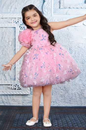 Buy_Mini Stitch_Pink Net 3d Applique Embroidered Dress _Online_at_Aza_Fashions
