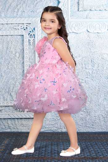 Mini Stitch_Pink Net 3d Applique Embroidered Dress _at_Aza_Fashions