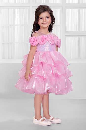 Buy_Mini Stitch_Pink Organza, Satin Floral Applique Embroidered Dress _Online_at_Aza_Fashions