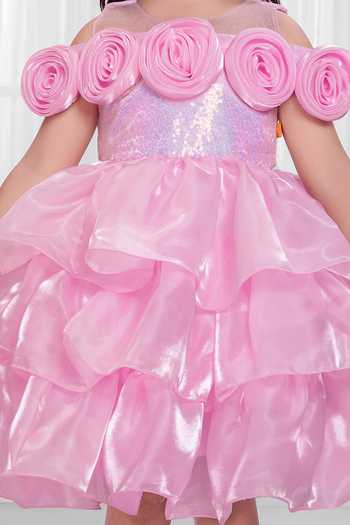 Shop_Mini Stitch_Pink Organza, Satin Floral Applique Embroidered Dress _Online_at_Aza_Fashions