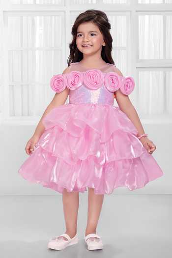 Mini Stitch_Pink Organza, Satin Floral Applique Embroidered Dress _at_Aza_Fashions
