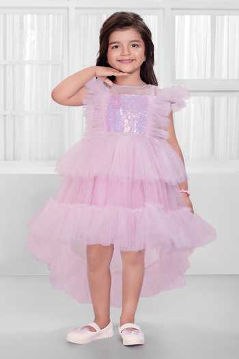 Mini Stitch_Pink Net Sequin Work Dress _Online_at_Aza_Fashions