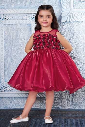 Buy_Mini Stitch_Maroon Satin 3d Floral Applique Dress _Online_at_Aza_Fashions