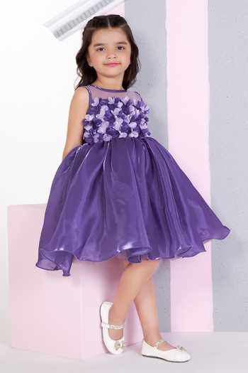 Mini Stitch_Purple Satin 3d Floral Embroidered Dress _Online_at_Aza_Fashions
