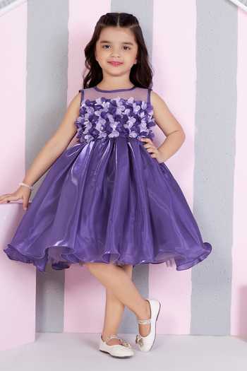 Mini Stitch_Purple Satin 3d Floral Embroidered Dress _at_Aza_Fashions