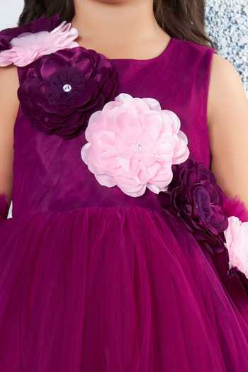 Buy_Mini Stitch_Wine Net 3d Floral Applique High Low Dress _Online_at_Aza_Fashions