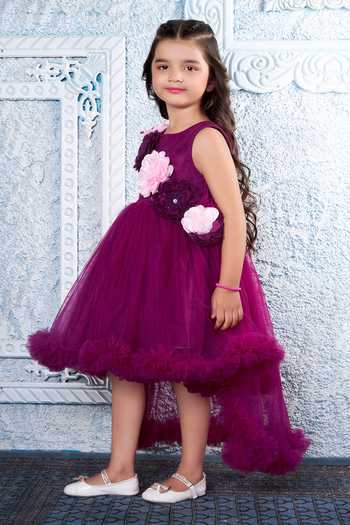 Shop_Mini Stitch_Wine Net 3d Floral Applique High Low Dress _Online_at_Aza_Fashions