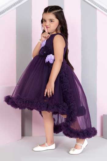Mini Stitch_Purple Net 3d Floral Applique High Low Dress _at_Aza_Fashions