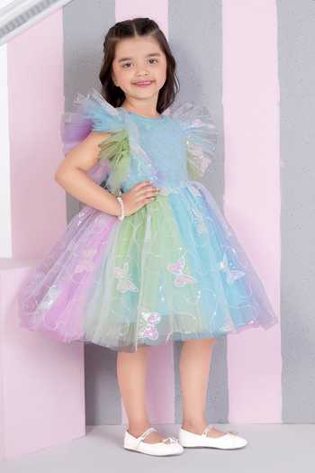 Mini Stitch_Multi Color Net Butterfly Sequin Embroidered Dress _Online_at_Aza_Fashions