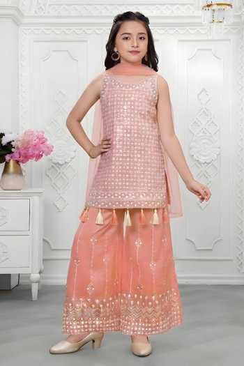 Mini Stitch_Peach Organza Embroidery, Sequins Kurta Palazzo Set _Online_at_Aza_Fashions