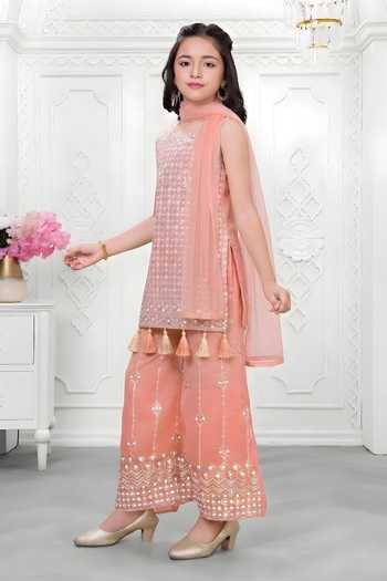 Buy_Mini Stitch_Peach Organza Embroidery, Sequins Kurta Palazzo Set _Online_at_Aza_Fashions