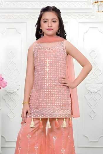 Mini Stitch_Peach Organza Embroidery, Sequins Kurta Palazzo Set _at_Aza_Fashions