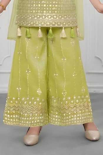 Mini Stitch_Olive Green Organza Sequins, Tassels Embroidered Kurta Palazzo Dupatta Set _Online_at_Aza_Fashions