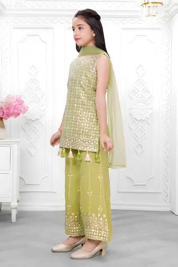 Buy_Mini Stitch_Olive Green Organza Sequins, Tassels Embroidered Kurta Palazzo Dupatta Set _Online_at_Aza_Fashions