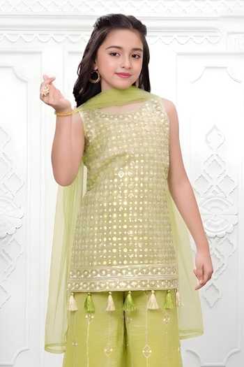 Shop_Mini Stitch_Olive Green Organza Sequins, Tassels Embroidered Kurta Palazzo Dupatta Set _Online_at_Aza_Fashions