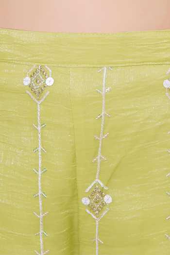Buy_Mini Stitch_Olive Green Organza Sequins, Tassels Embroidered Kurta Palazzo Dupatta Set 