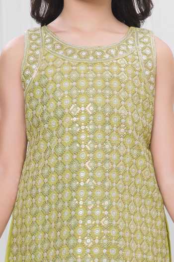 Shop_Mini Stitch_Olive Green Organza Sequins, Tassels Embroidered Kurta Palazzo Dupatta Set 