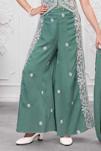 Shop_Mini Stitch_Green Silk, Cotton Embroidery, Sequins Top Palazzo Set _Online_at_Aza_Fashions
