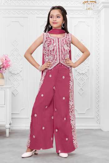 Buy_Mini Stitch_Pink Silk, Cotton Sequins Embroidered Top Palazzo Set _Online_at_Aza_Fashions