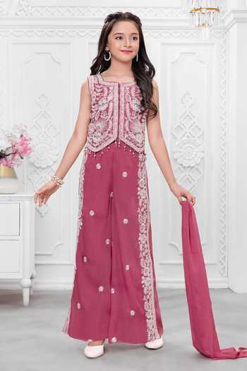 Shop_Mini Stitch_Pink Silk, Cotton Sequins Embroidered Top Palazzo Set _Online_at_Aza_Fashions