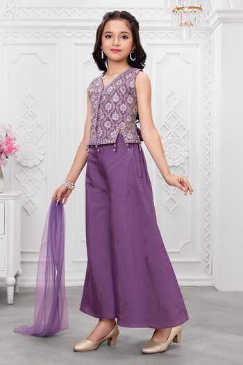 Mini Stitch_Purple Silk, Cotton Embroidered Short Kurta Palazzo Set _at_Aza_Fashions