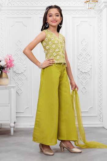 Shop_Mini Stitch_Green Silk, Cotton Embroidered Kurta Palazzo Set _Online_at_Aza_Fashions