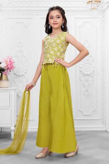 Buy_Mini Stitch_Green Silk, Cotton Embroidered Kurta Palazzo Set 