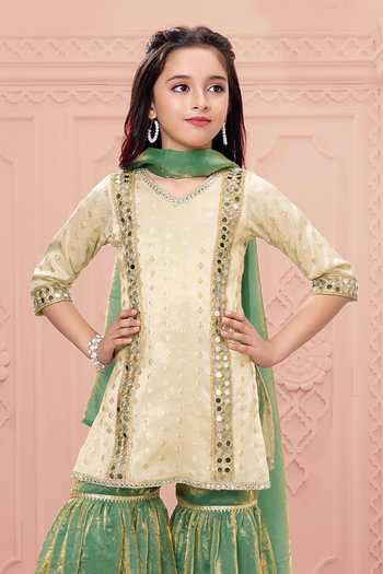 Mini Stitch_Cream Chanderi Mirror Embroidered Kurta Set _Online_at_Aza_Fashions