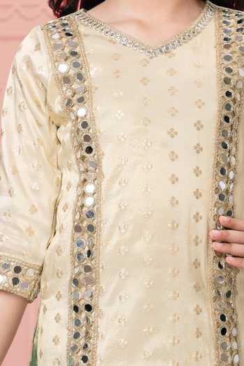 Buy_Mini Stitch_Cream Chanderi Mirror Embroidered Kurta Set 