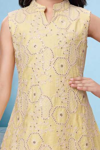 Mini Stitch_Yellow Rayon Lace Thread Embroidered Kurta And Palazzo Set _at_Aza_Fashions