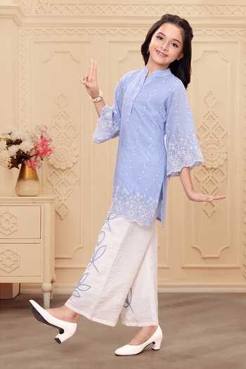 Mini Stitch_Blue Rayon Embroidery Kurta With Palazzo _at_Aza_Fashions