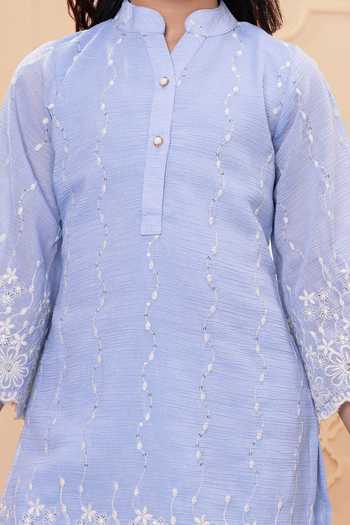 Shop_Mini Stitch_Blue Rayon Embroidery Kurta With Palazzo 