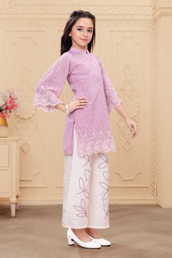Shop_Mini Stitch_Pink Rayon Embroidery Thread Work Kurta And Palazzo Set _Online_at_Aza_Fashions