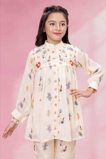 Mini Stitch_Cream Rayon Embroidery Kurta And Palazzo Set _Online_at_Aza_Fashions