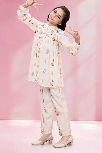 Mini Stitch_Cream Rayon Embroidery Kurta And Palazzo Set _at_Aza_Fashions
